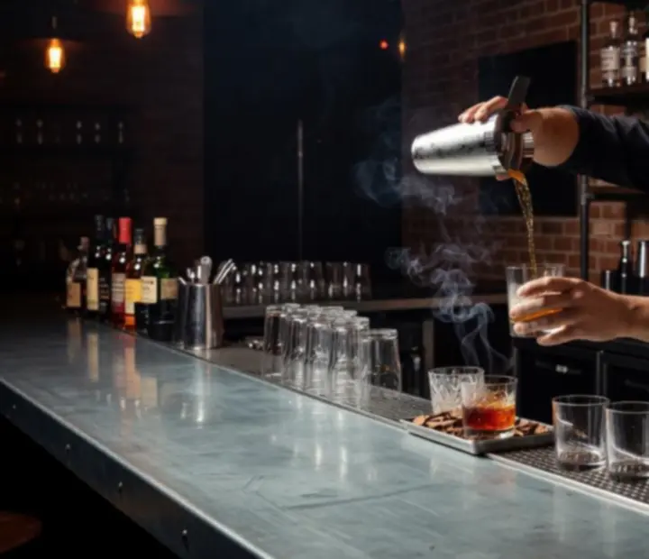 Bartender sirviendo drinks entre humo de brasa y acero