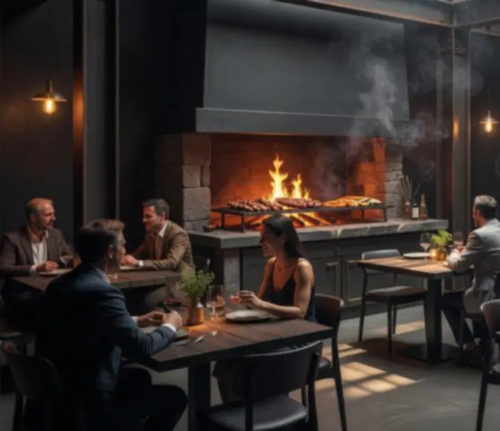 Interior oscuro e industrial con parrilla de leña encendida y mesas de madera en Cartasalabrasa