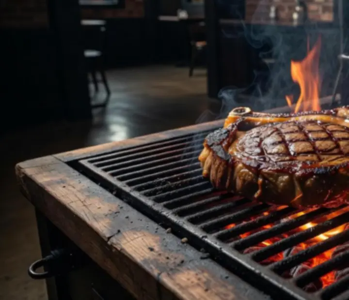 Corte de carne a la brasa marcado por las llamas sobre carbón encendido.