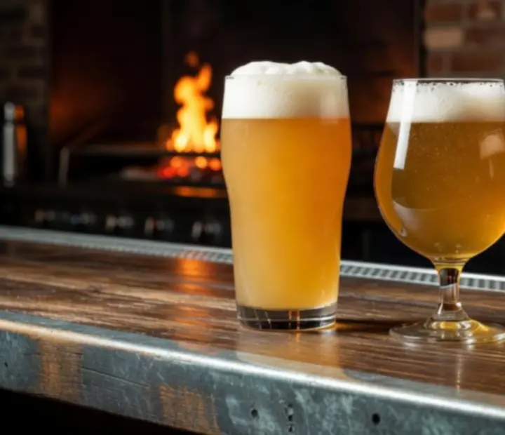 Copas de craft beer ámbar alineadas sobre barra oscura
