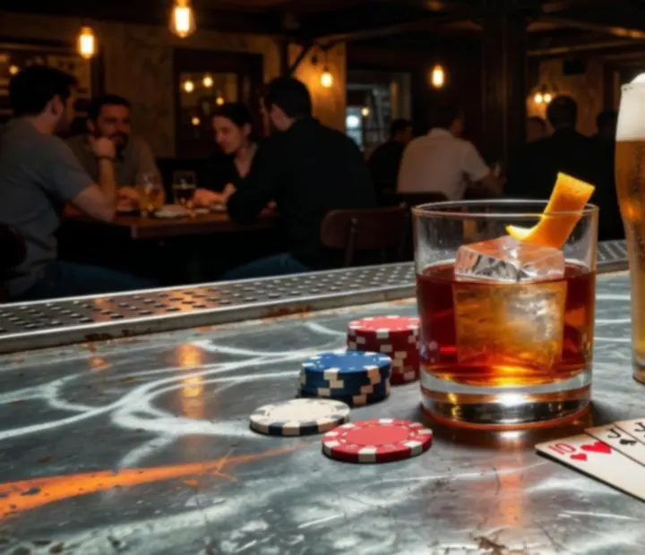 Cocteles artesanales y cervezas junto a cartas y fichas de poker.
