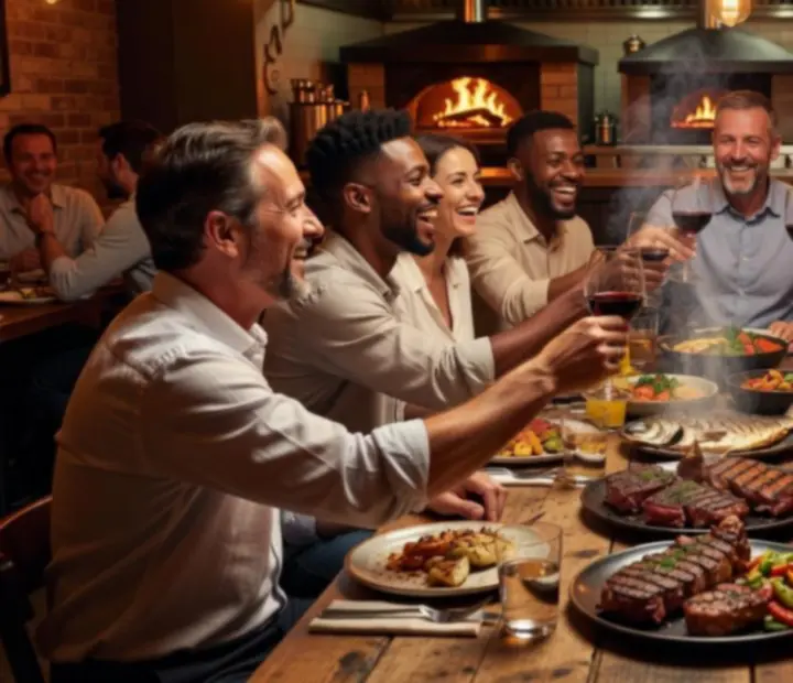 Clientes disfrutando de una cena nocturna en un entorno de brasserie industrial