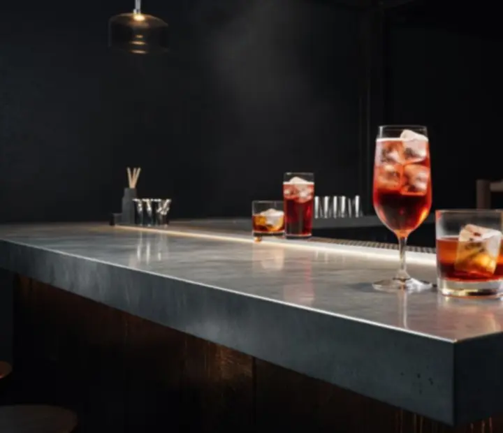 Barra de zinc iluminada con drinks ámbar en Cartasalabrasa