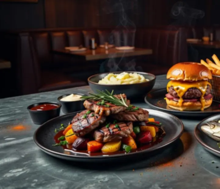 Platos variados de especialidades a la parrilla servidos en mesa.