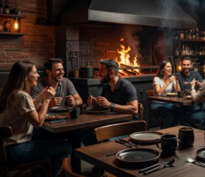 Mesas iluminadas junto a la parrilla de brasas en Cartasalabrasa