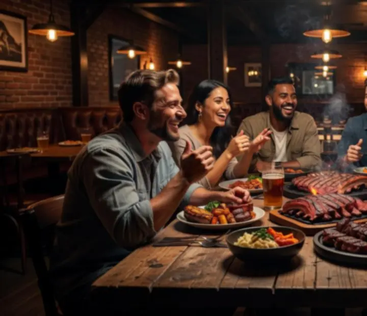 Grupo de comensales compartiendo platos y brindando en un ambiente de bistró de noche.