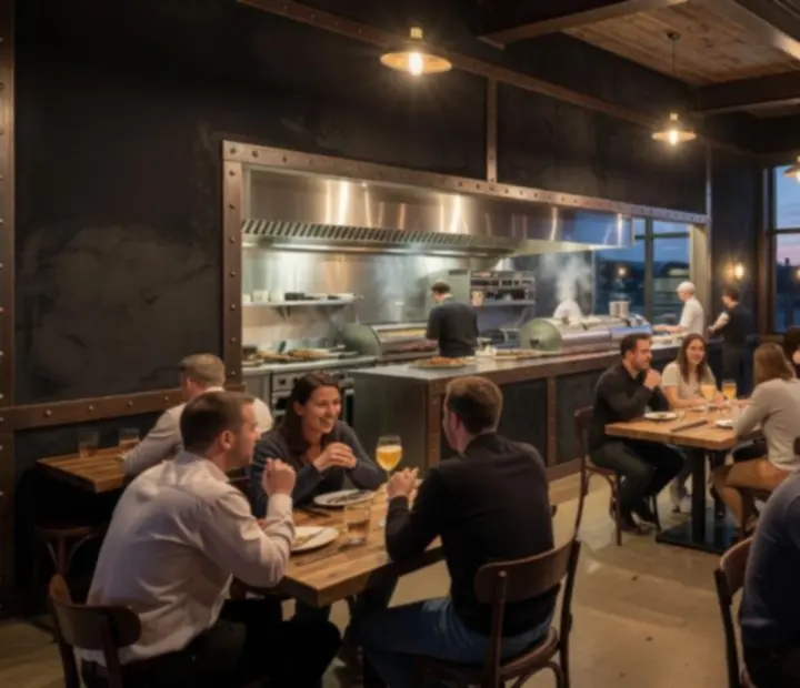 Interior de estilo industrial con maderas oscuras y detalles metálicos en un gastro-pub