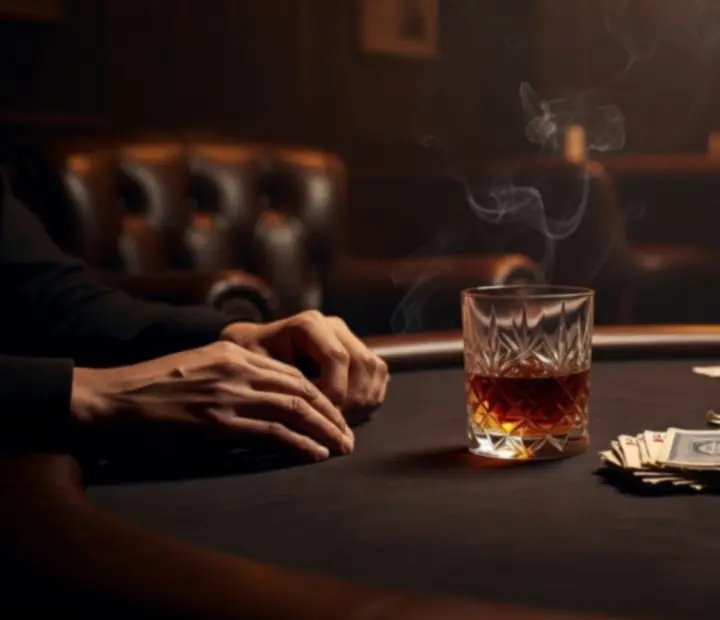 Copa de nightcap apoyada en mesa de poker con fichas