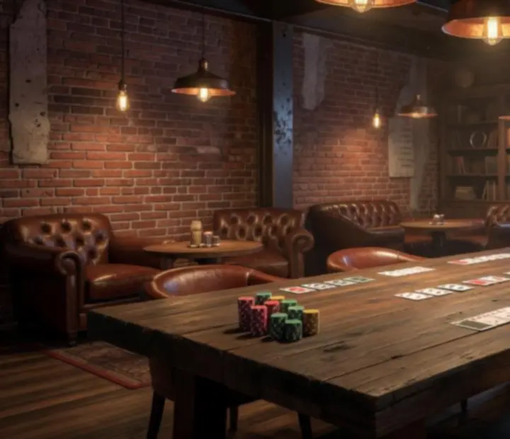 Salón de poker offline con mesa preparada para Texas Hold'em