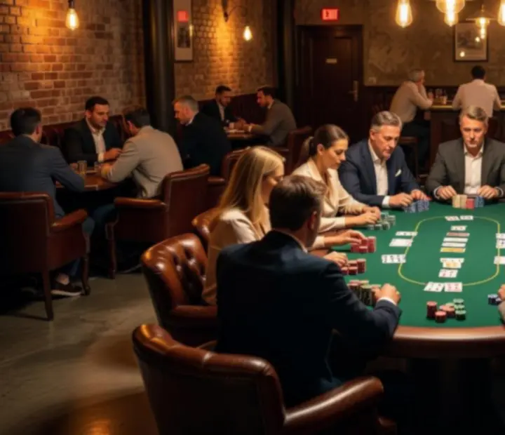 Lounge de poker presencial con mesas iluminadas y ambiente nocturno