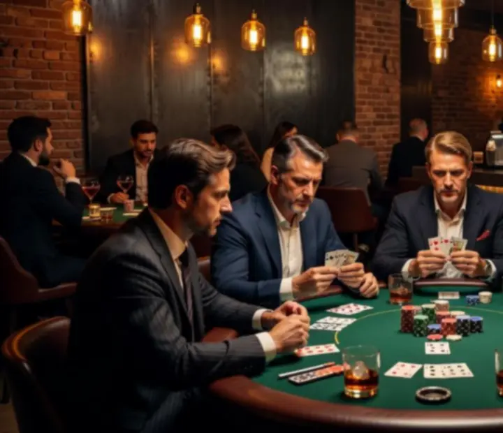 Poker lounge The Pit con baraja, fichas y luz ámbar, junto a barra de cócteles.