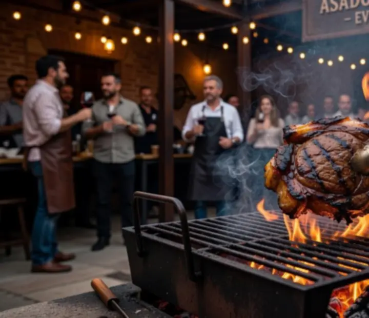 Steak a la brasa chispeando sobre parrilla de carbón en un evento nocturno.