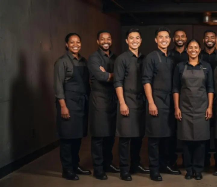 Equipo de sala sonriendo en un entorno de gastro-pub industrial
