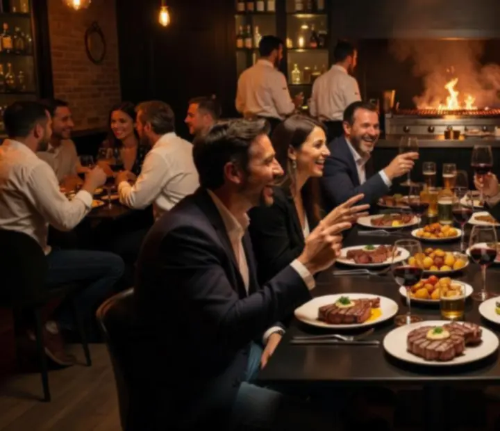 Comensales disfrutando de la cena y bebidas en un ambiente nocturno social