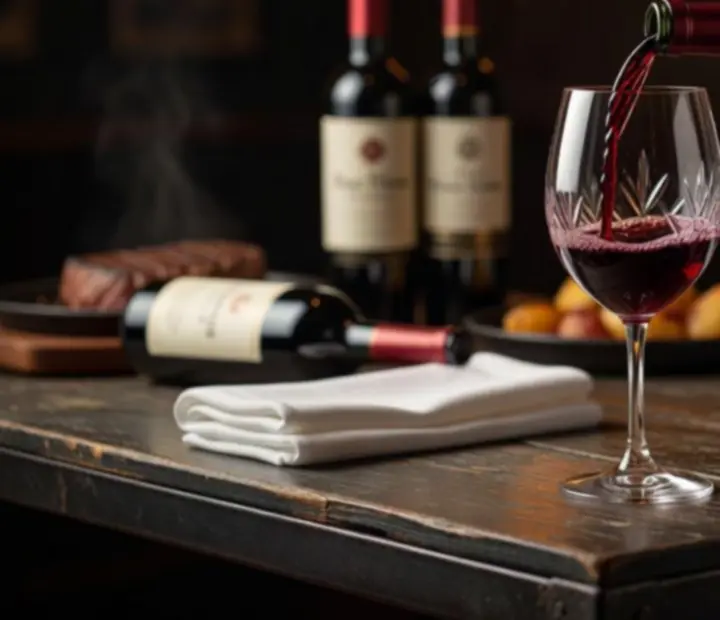 Vino tinto español servido en copa sobre barra oscura