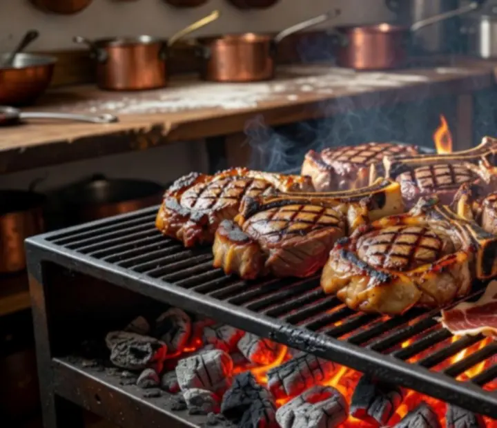Chuleta a la brasa sobre parrilla de carbón