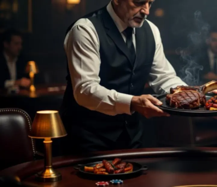 Steaks y tapas ahumadas servidos junto a una mesa de poker activa.