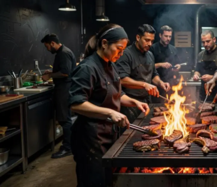 Equipo de cocina de Cartasalabrasa trabajando sobre una parrilla de carbón encendida