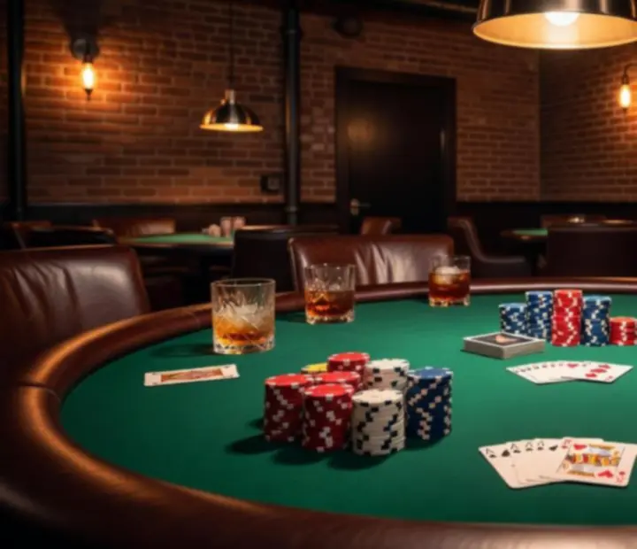 Mesa de Texas Hold'em iluminada en tonos ámbar con fichas y cartas sobre tapete oscuro.